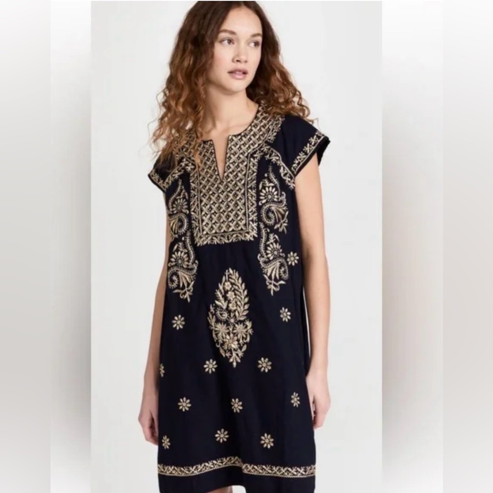 Roberta Roller Rabbit Dark Navy Bespoke Faith Dress with beige embroidery size M